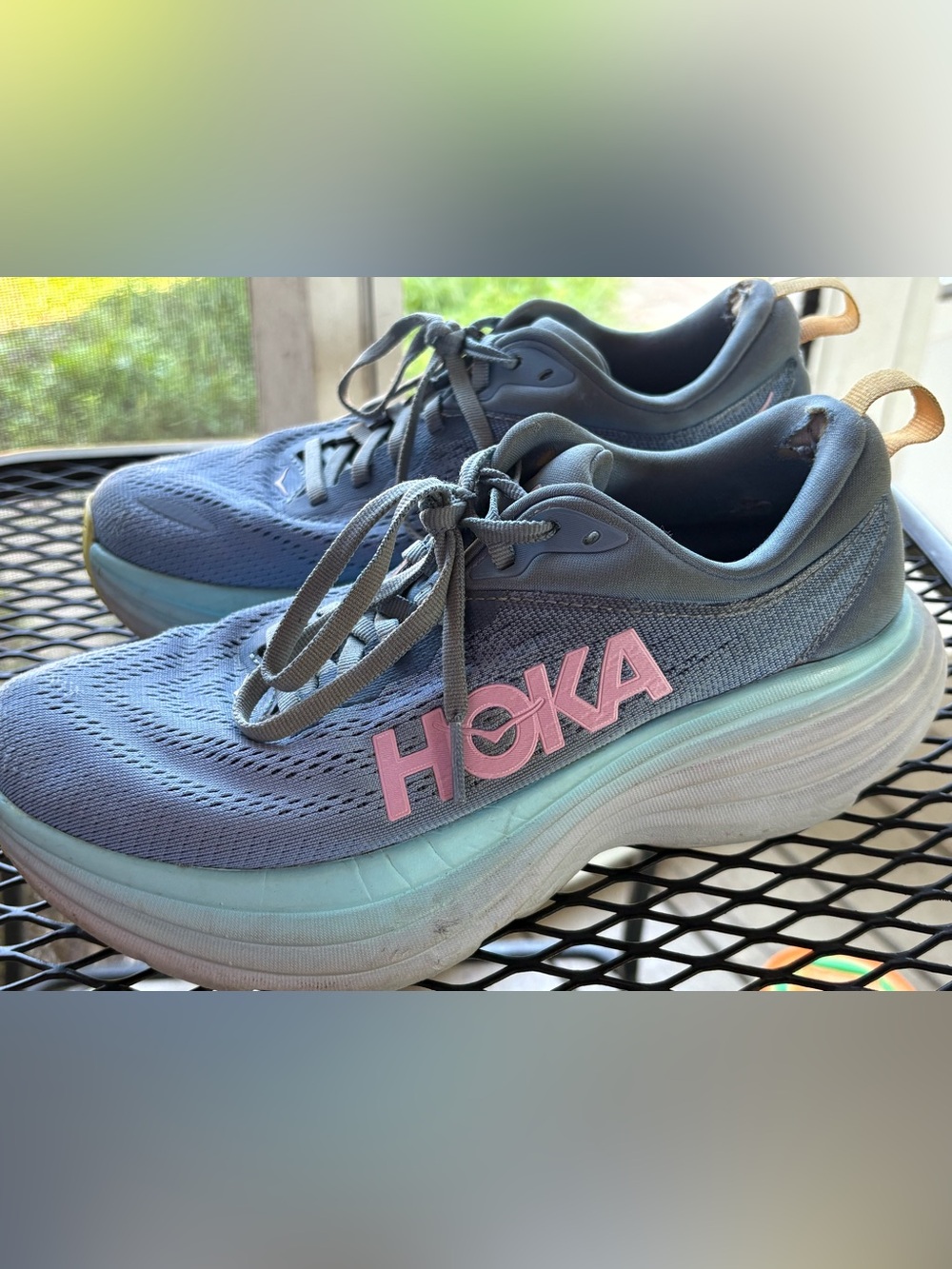 Hoka Women's Bondi 8 Gray-Blue Running Shoes with Pink Logo size 6.5